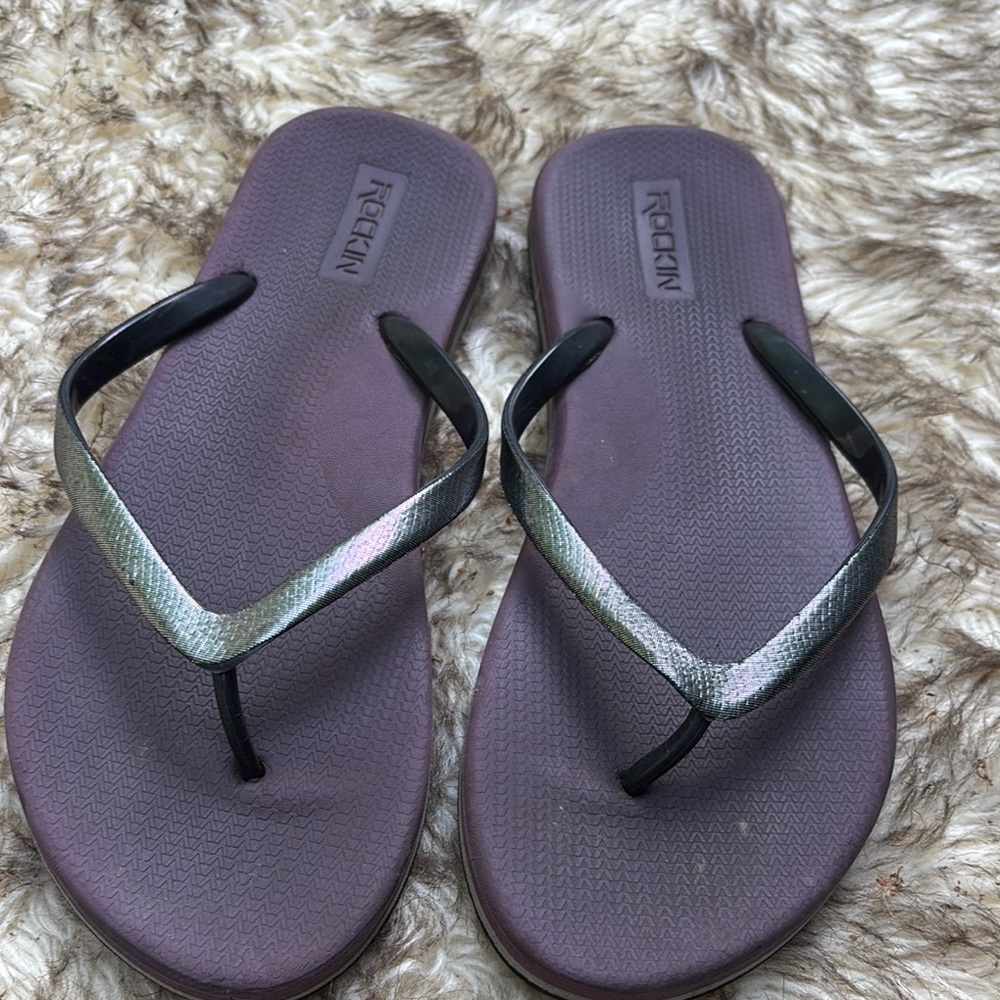 Rockin Black Dark Silver Thong Sandals Summer Shoes Flip Flops Women’s Size 8